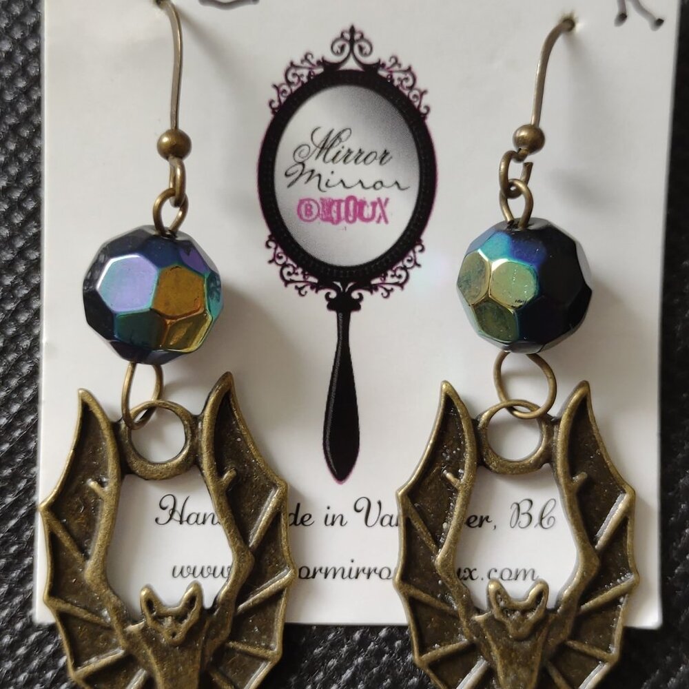 Dangling Bats with Aurora Borealis Beads Pierced Earrings